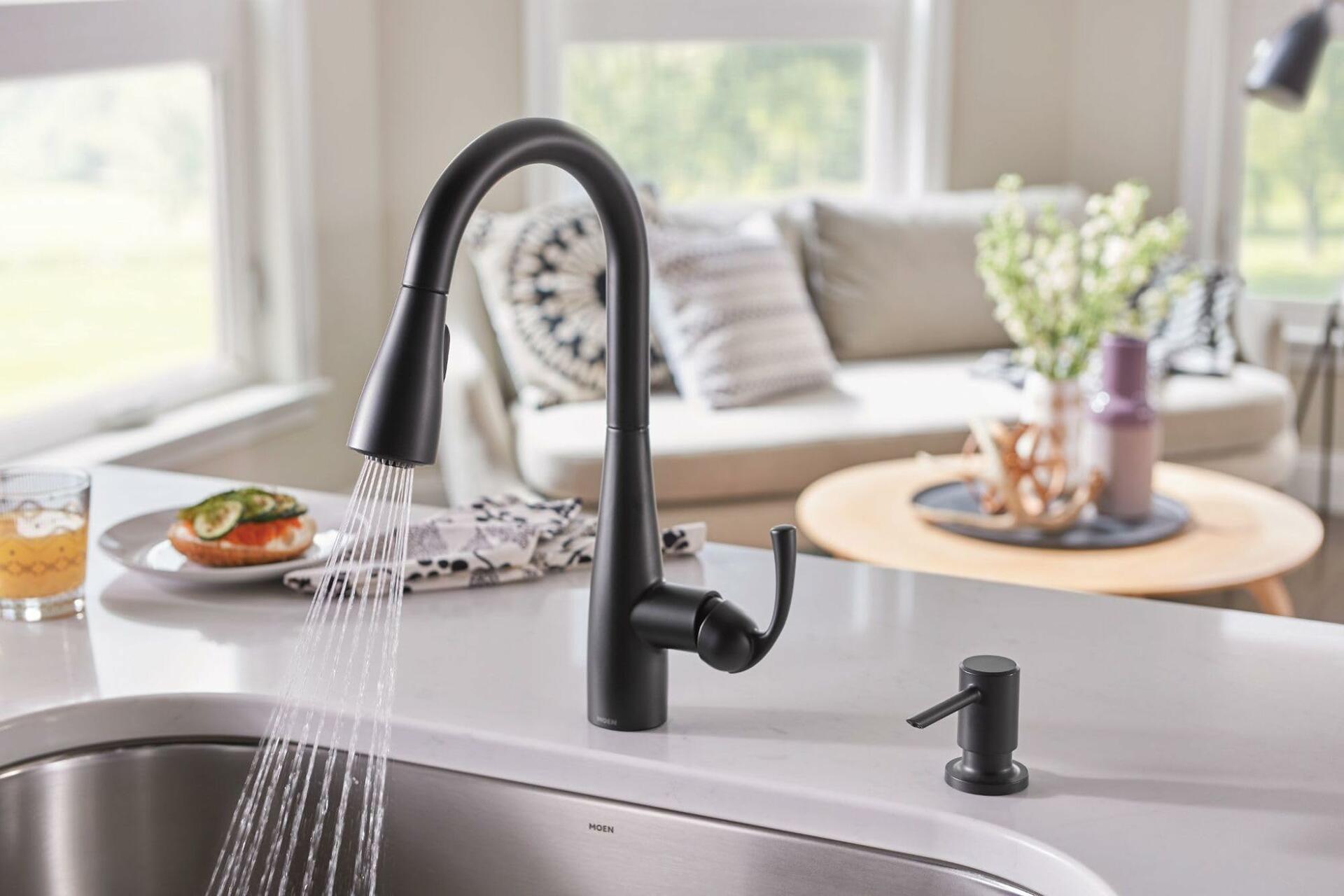 MOEN Essie 87014BL Single-Handle Pull-Down Sprayer Kitchen Faucet with Reflex and Power Clean in Matte Black