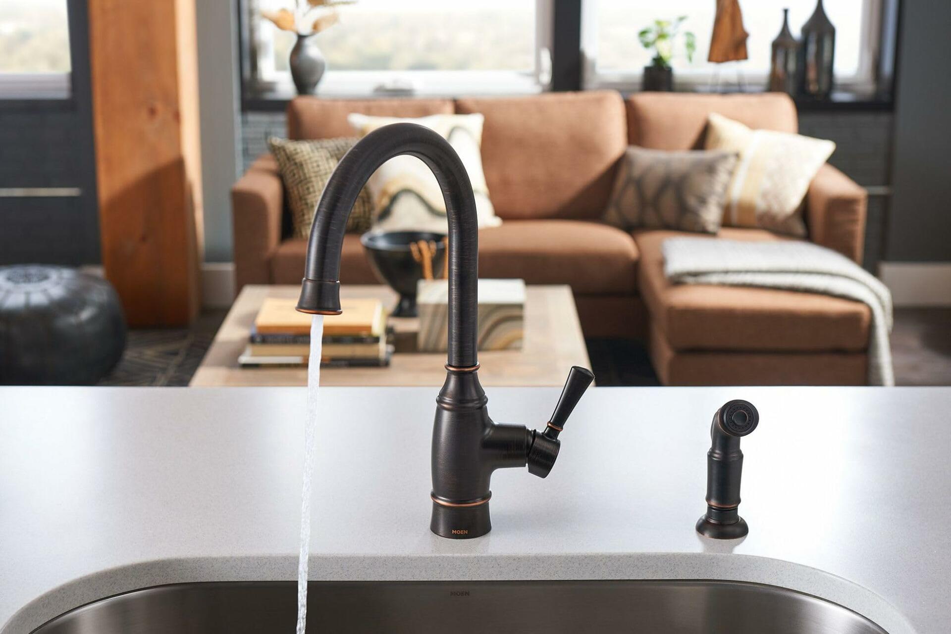 MOEN Noell 87506BRB Single-Handle Standard Kitchen Faucet with Side Sprayer in Mediterranean Bronze