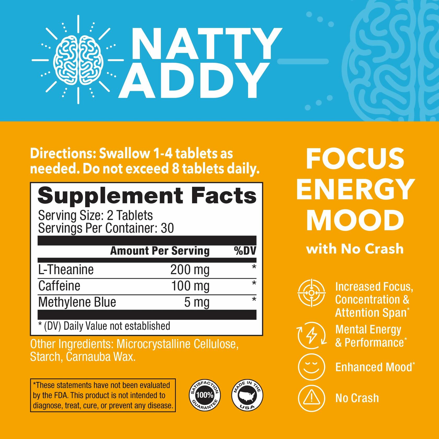 Natty Addy Maximum Strength Brain Support - Methylene Blue Pharmaceutical Grade, Caffeine and L-Theanine - Focus Supplement 60 caps