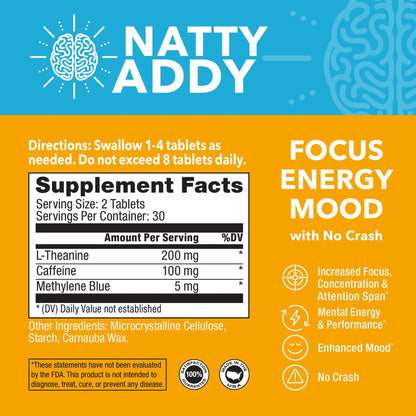 Natty Addy Maximum Strength Brain Support - Methylene Blue Pharmaceutical Grade, Caffeine and L-Theanine - Focus Supplement 60 caps