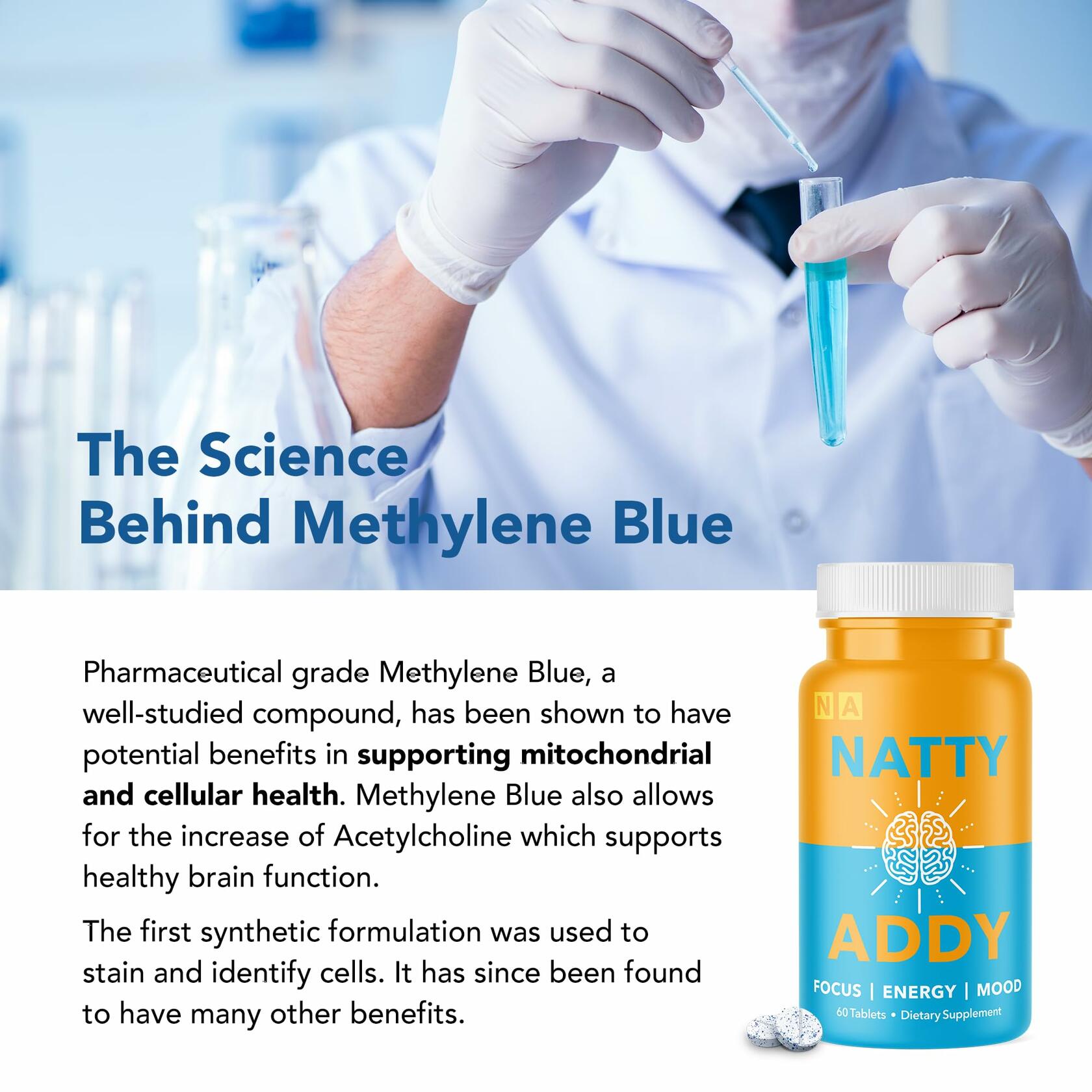 Natty Addy Maximum Strength Brain Support - Methylene Blue Pharmaceutical Grade, Caffeine and L-Theanine - Focus Supplement 60 caps