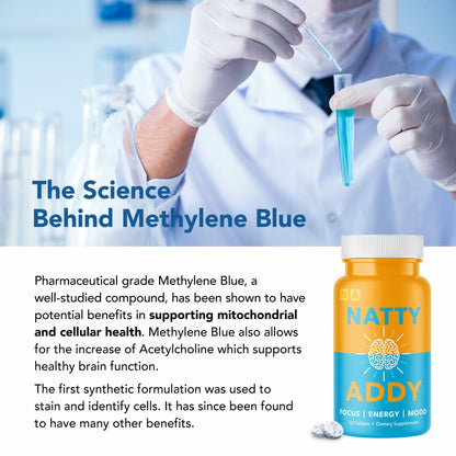 Natty Addy Maximum Strength Brain Support - Methylene Blue Pharmaceutical Grade, Caffeine and L-Theanine - Focus Supplement 60 caps