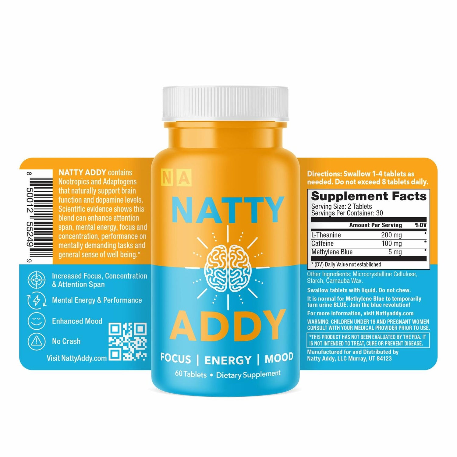 Natty Addy Maximum Strength Brain Support - Methylene Blue Pharmaceutical Grade, Caffeine and L-Theanine - Focus Supplement 60 caps