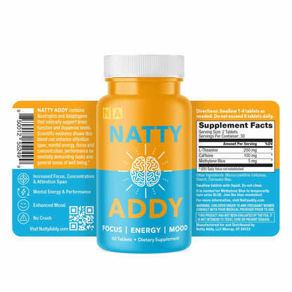 Natty Addy Maximum Strength Brain Support - Methylene Blue Pharmaceutical Grade, Caffeine and L-Theanine - Focus Supplement 60 caps