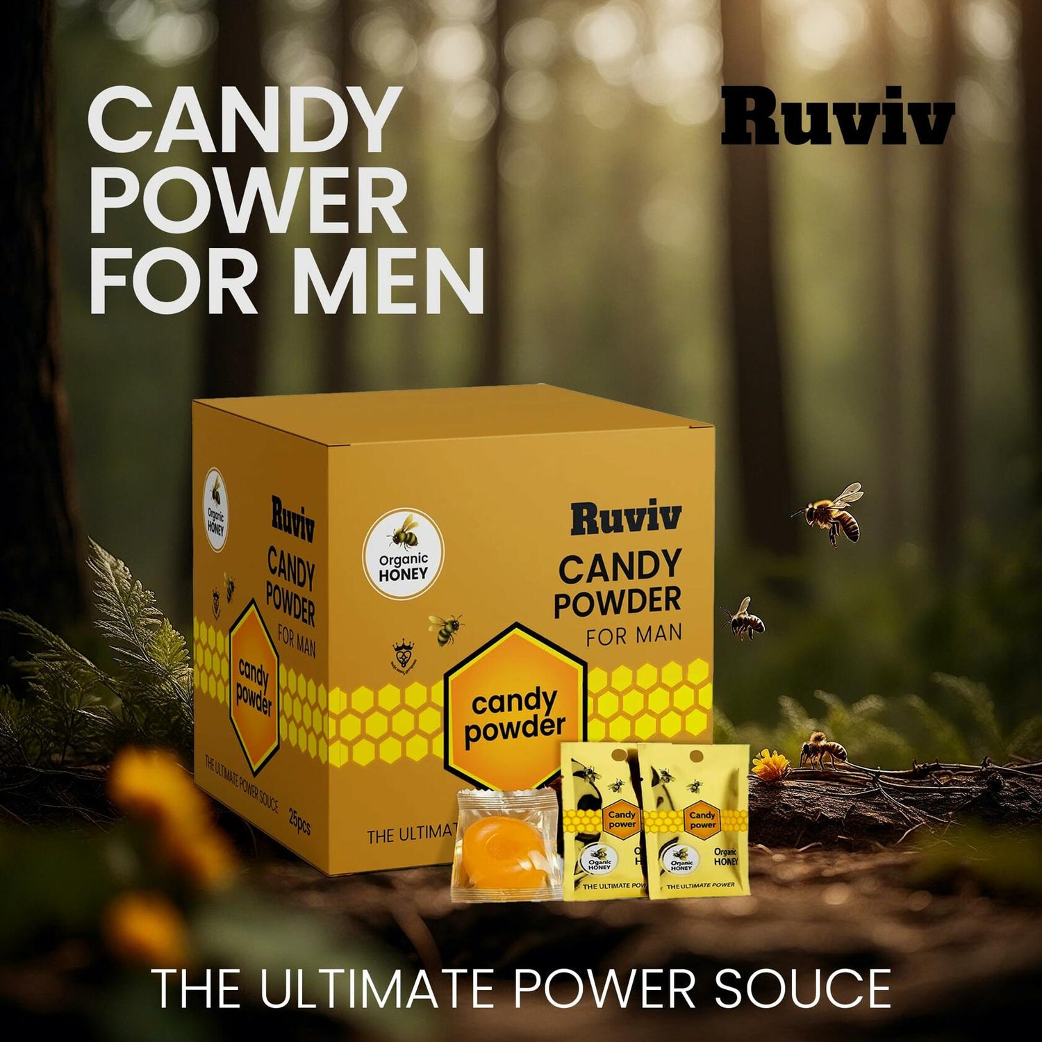 Pure Honey Candy with Coffee, Ginseng &amp; Natural Herbs For Male, Full Box of 25 Count