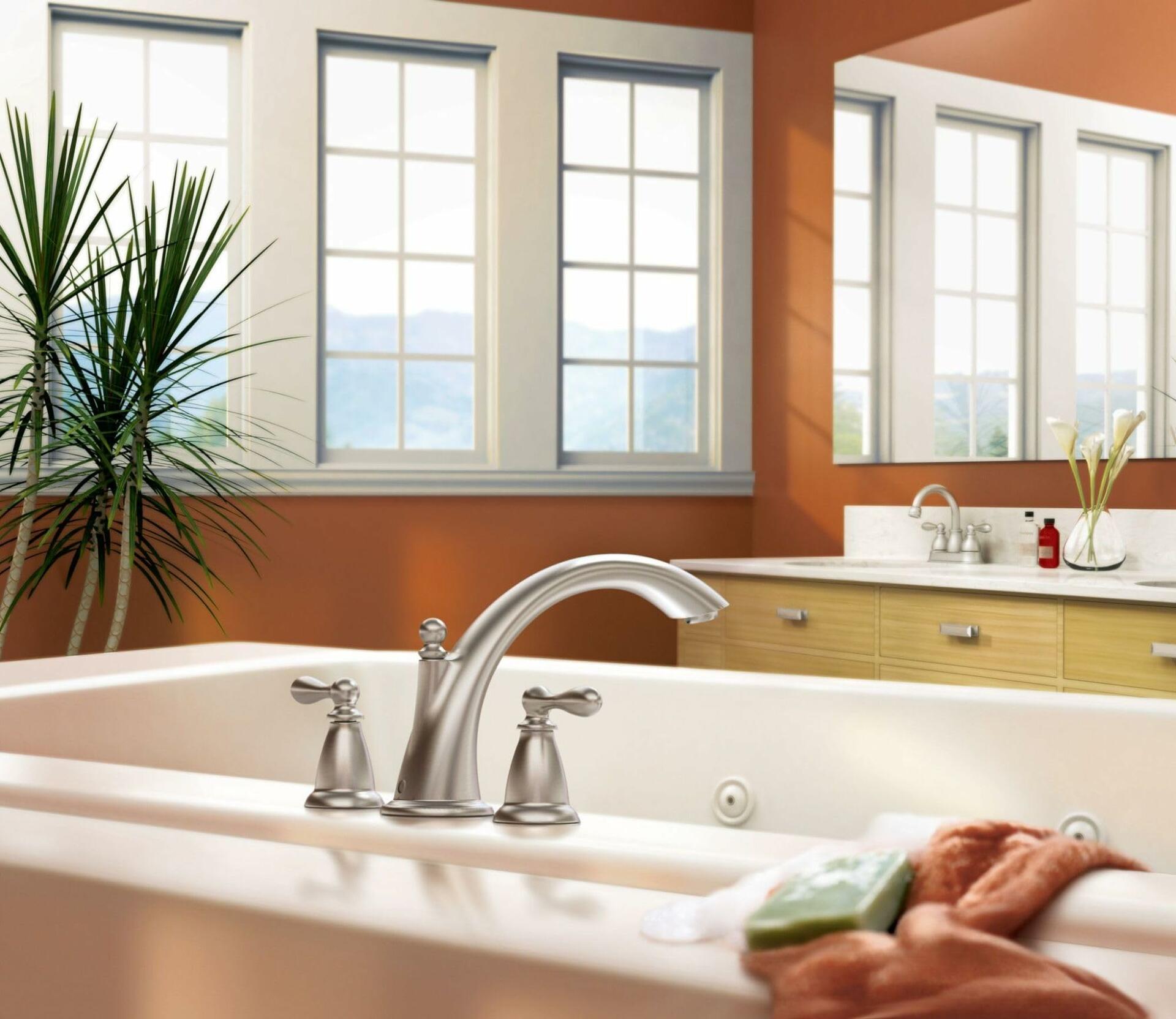Moen 86440SRN Deck Mounted Roman Tub Faucet Trim from The Caldwell Collection, Spot Resist Brushed Nickel