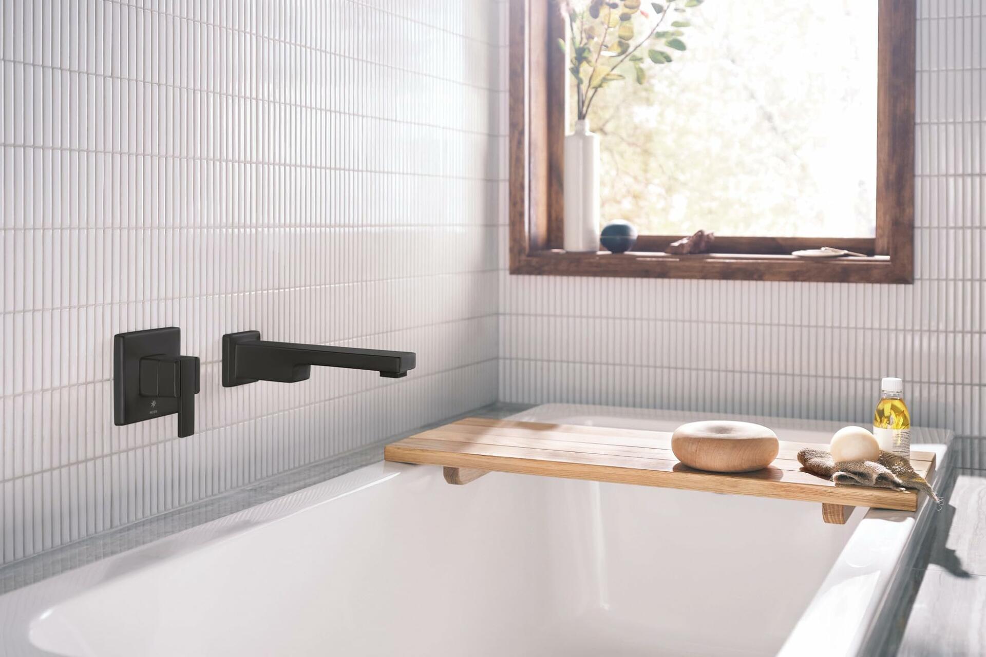 Moen 90 Degree Matte Black Single Handle Wall Mount Tub Filler High Flow Tub Faucet with 10" Spout Reach, WTS911BL