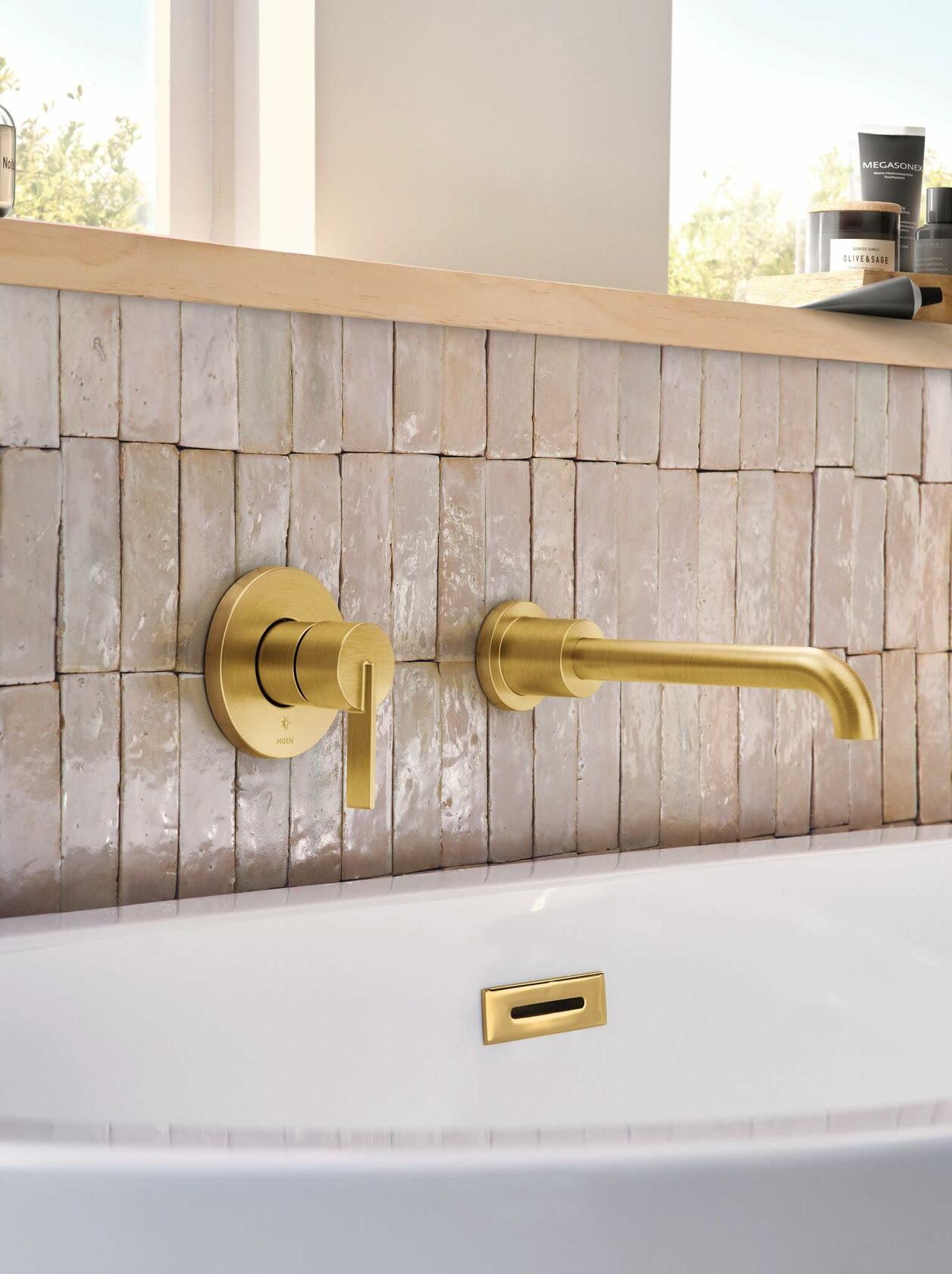 Moen Cia Brushed Gold Single Handle Wall Mount Tub Filler High Flow Tub Faucet with 10" Spout Reach, WT6221BG
