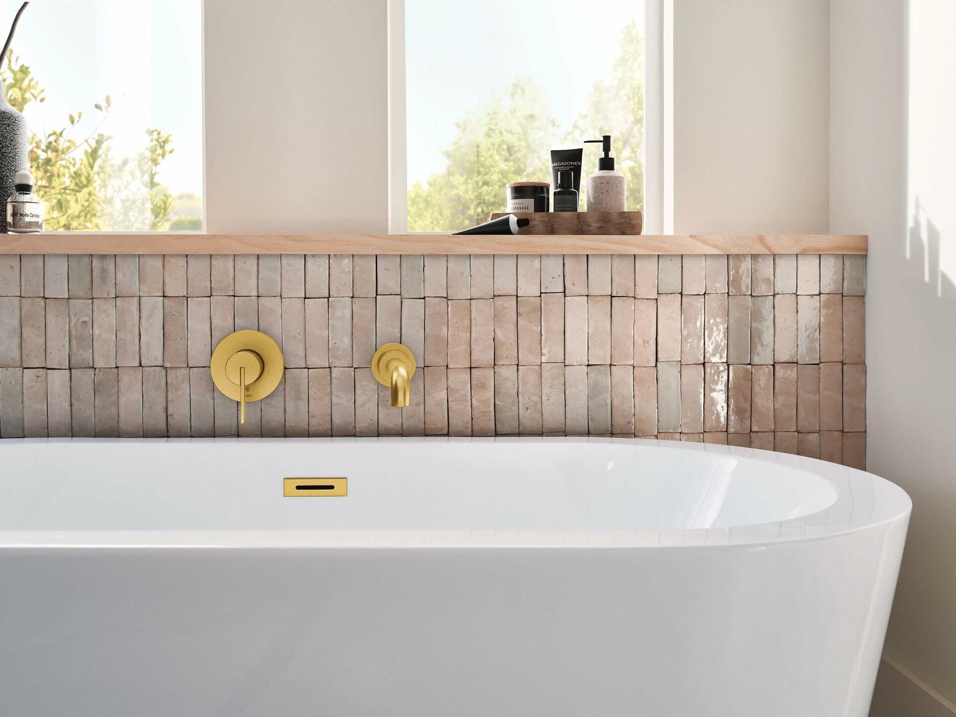 Moen Cia Brushed Gold Single Handle Wall Mount Tub Filler High Flow Tub Faucet with 10" Spout Reach, WT6221BG