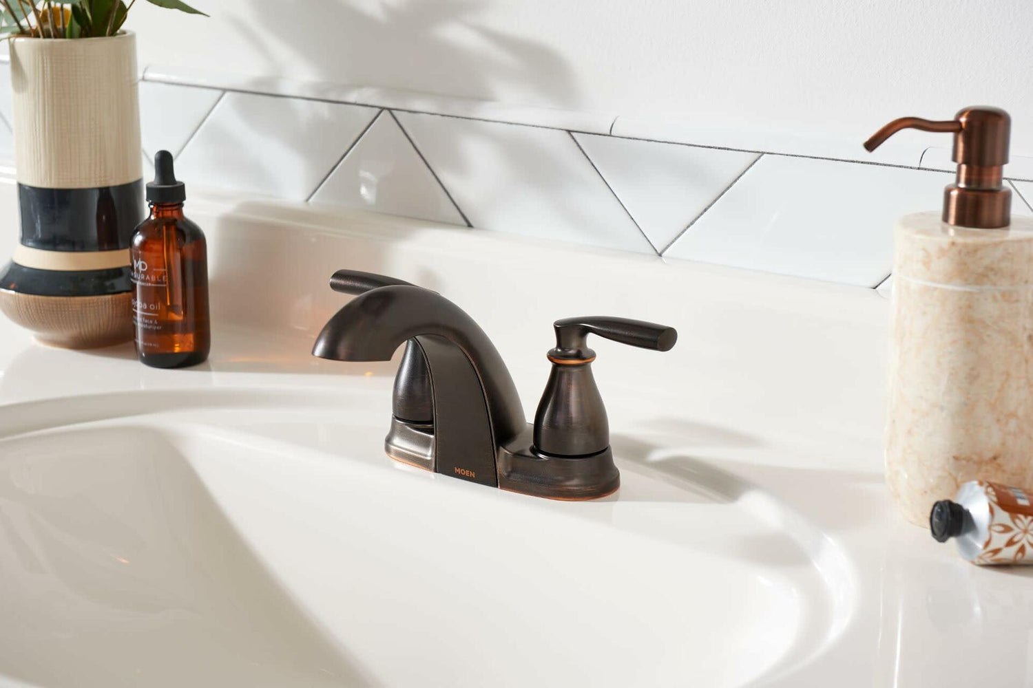 Moen Hilliard 2 Handle Centerset Lavatory Faucet - with Low Arc Spout, Mediterranean Bronze