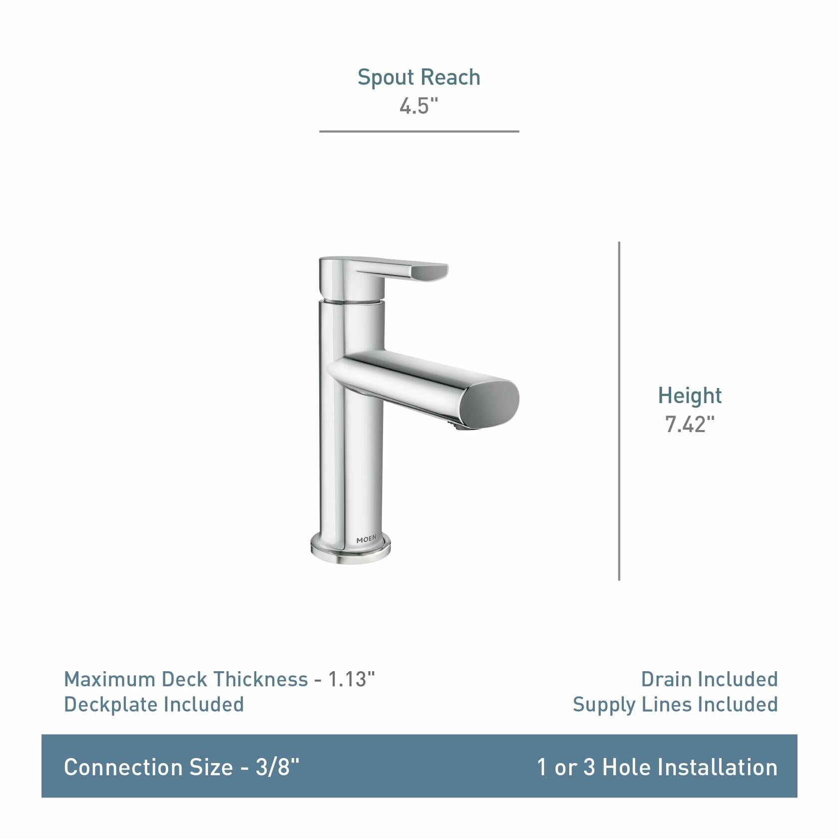 Moen Meena Matte Black One-Handle Single Hole Modern Bathroom Sink Faucet with Optional Deckplate and Drain Assembly, 84794BL