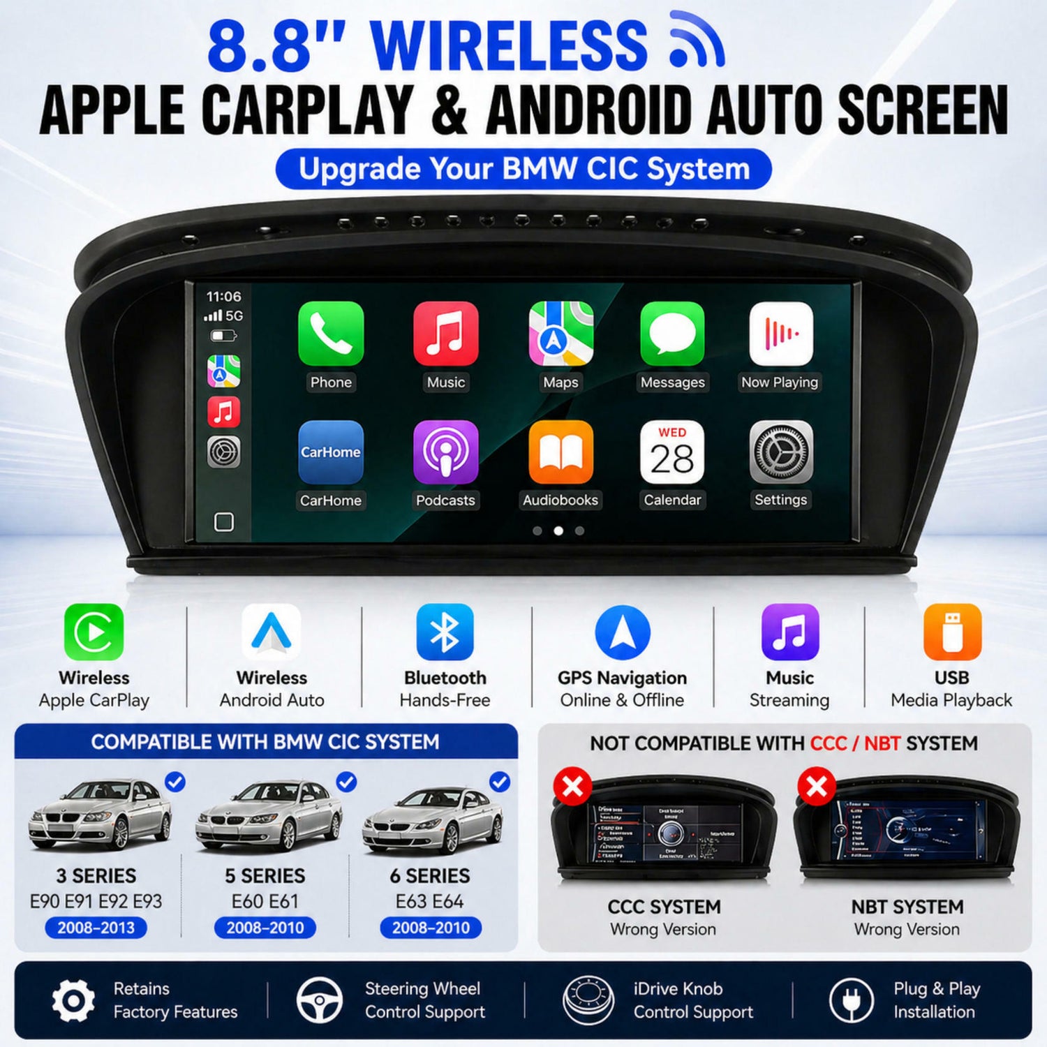 8.8" Linux Wireless CarPlay Android Auto Screen BMW E90 E60 E63 CIC 2009-2013 Touchscreen Display Plug and Play System for 3 5 6 Series E91 E92 E93 E61 E64