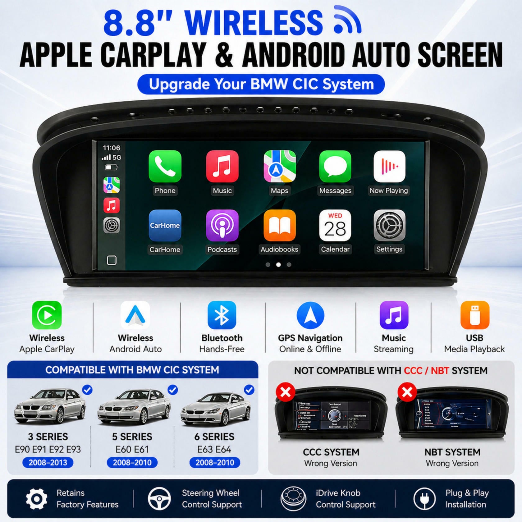 8.8" Linux Wireless CarPlay Android Auto Screen BMW E90 E60 E63 CIC 2009-2013 Touchscreen Display Plug and Play System for 3 5 6 Series E91 E92 E93 E61 E64