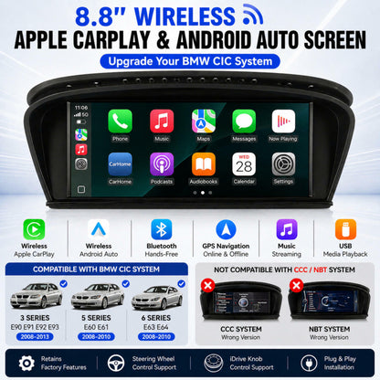 8.8" Linux Wireless CarPlay Android Auto Screen BMW E90 E60 E63 CIC 2009-2013 Touchscreen Display Plug and Play System for 3 5 6 Series E91 E92 E93 E61 E64