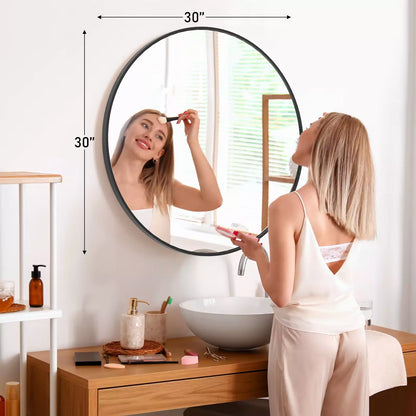 Large Round Vanity Mirror, Matte Metal Frame, Modern Glass, Bedroom, Living Room